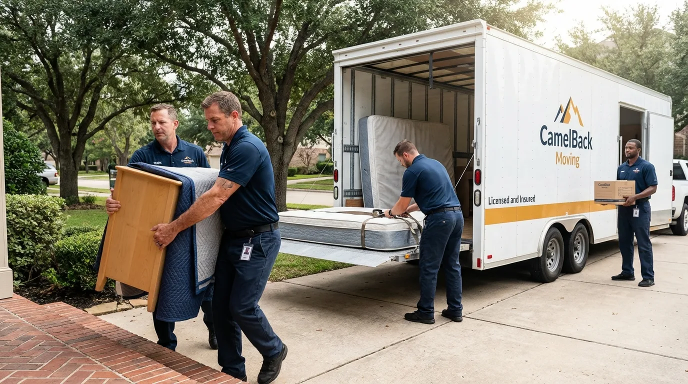 Crew loading residential truck for cross-state move from Holland, TX