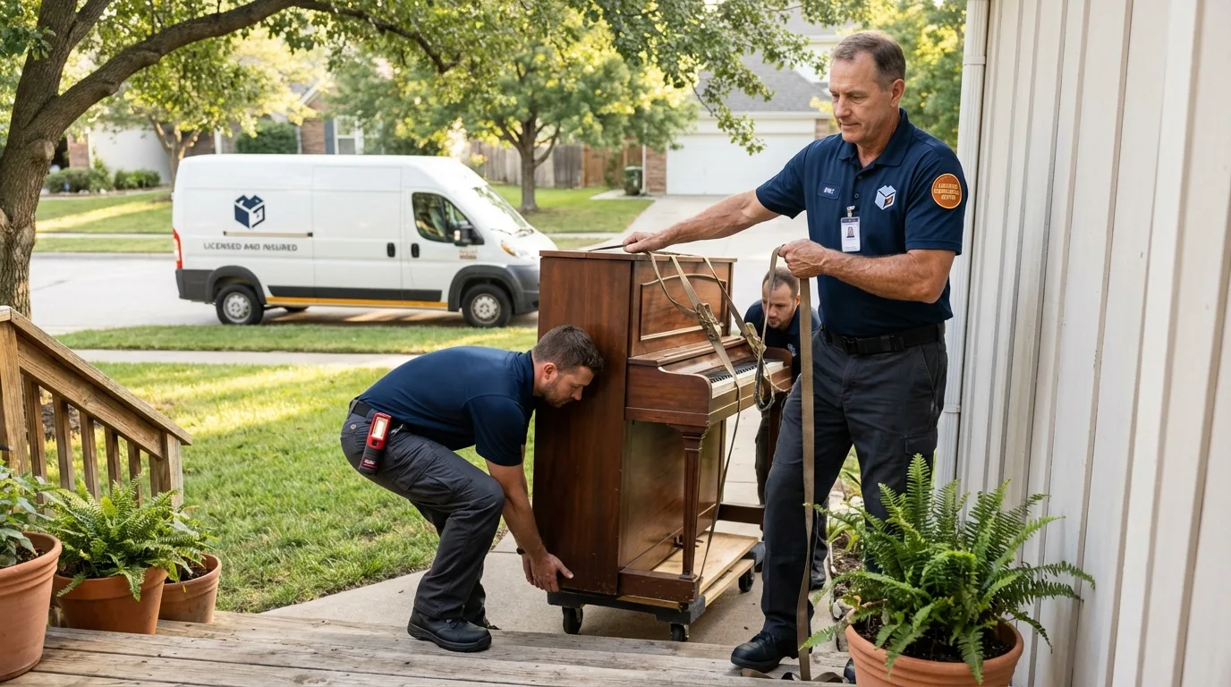 Licensed piano movers securing grand piano in Holland, TX