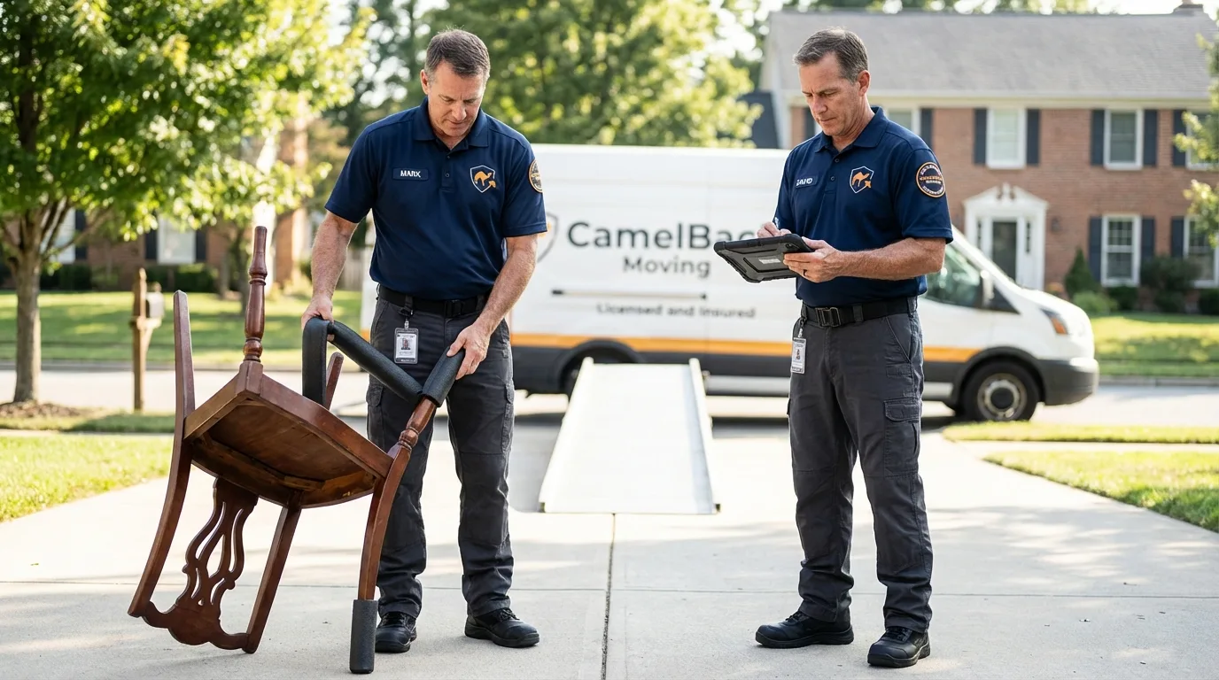 Movers inspecting furniture for damage prevention before loading in Holland, TX