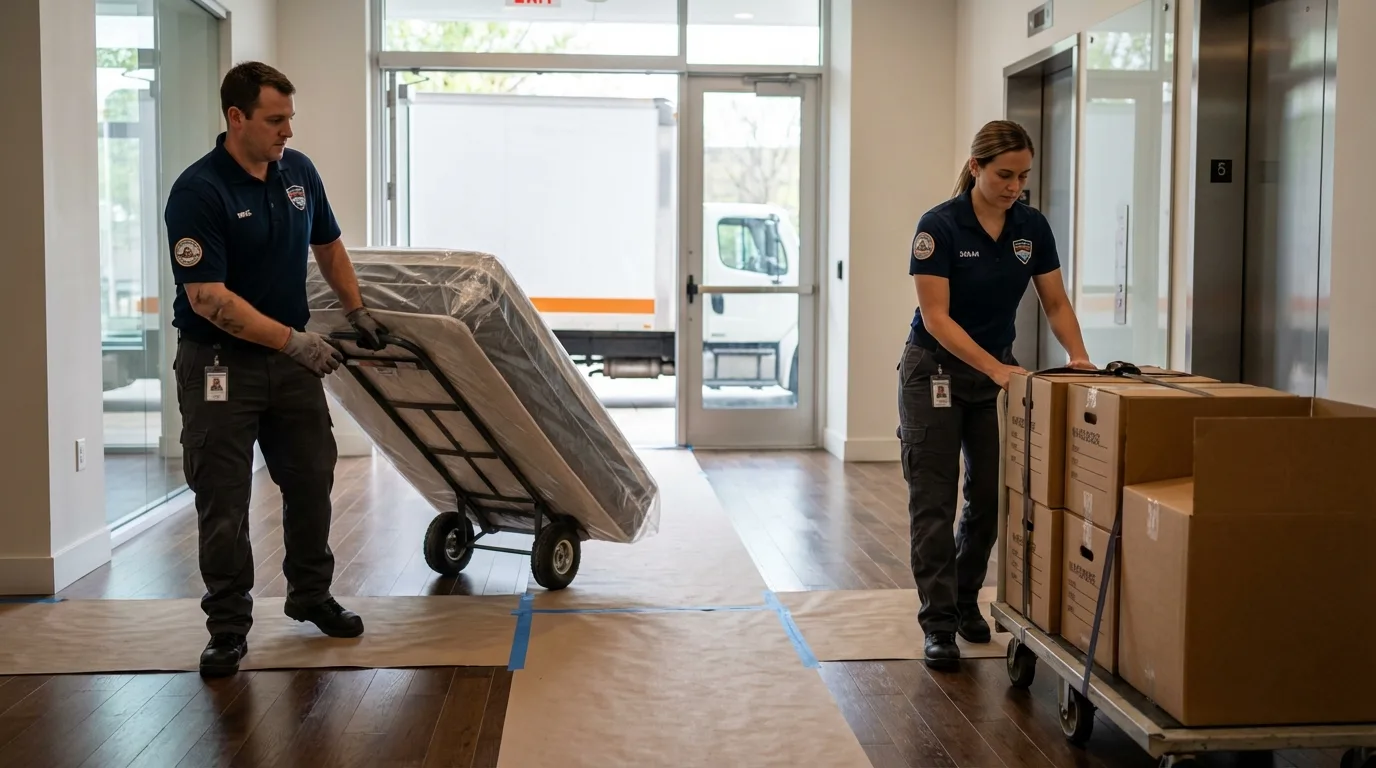 Professional apartment movers loading elevator in Holland, TX